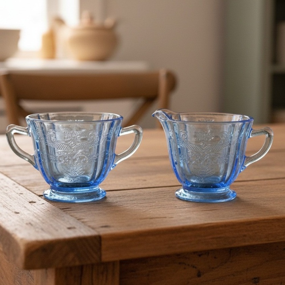 Indiana Glass Madrid Blue Recollection Footed Open Sugar Bowl and Cream Pitcher